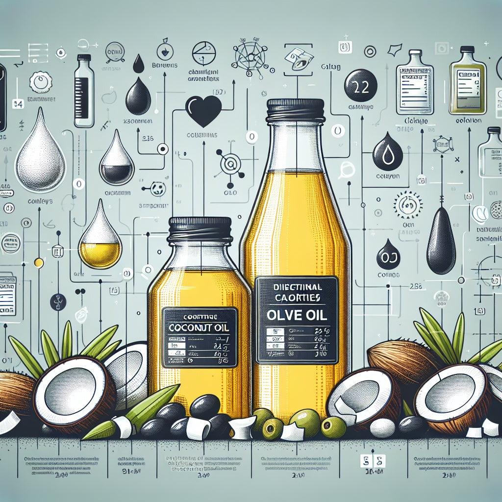 Premium olive oil and coconut oil bottles with fresh olives and coconuts, showcasing natural ingredients and bold flavors.