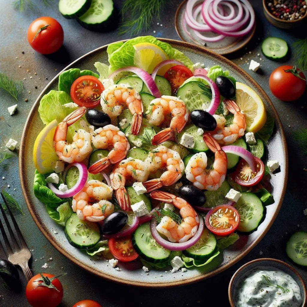 Fresh shrimp salad with cucumber, tomato, red onion, olives, feta, and lemon slices
