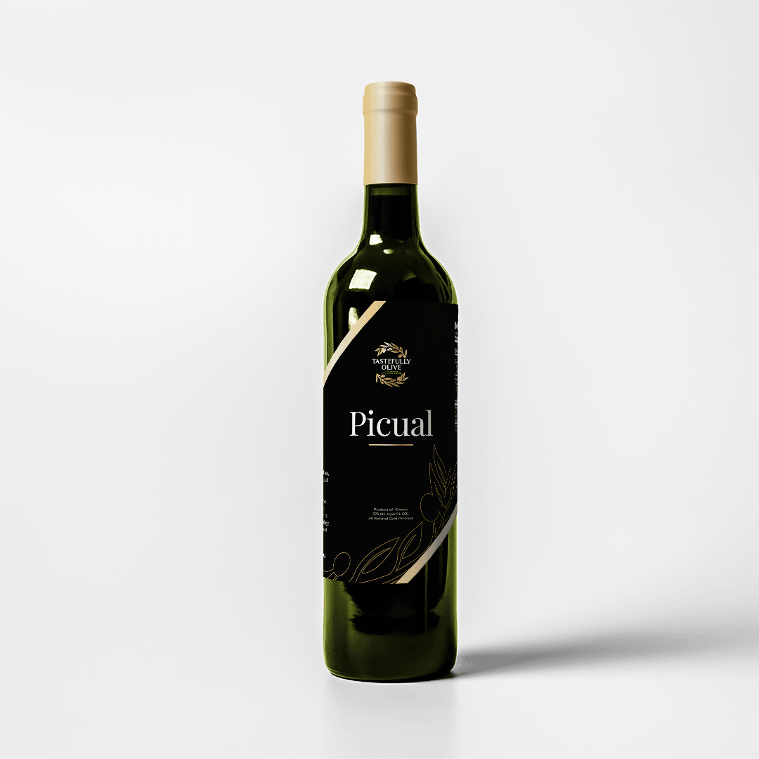 Picual extra virgin olive oil bottle, premium Greek olive oil with elegant black label and gold accents