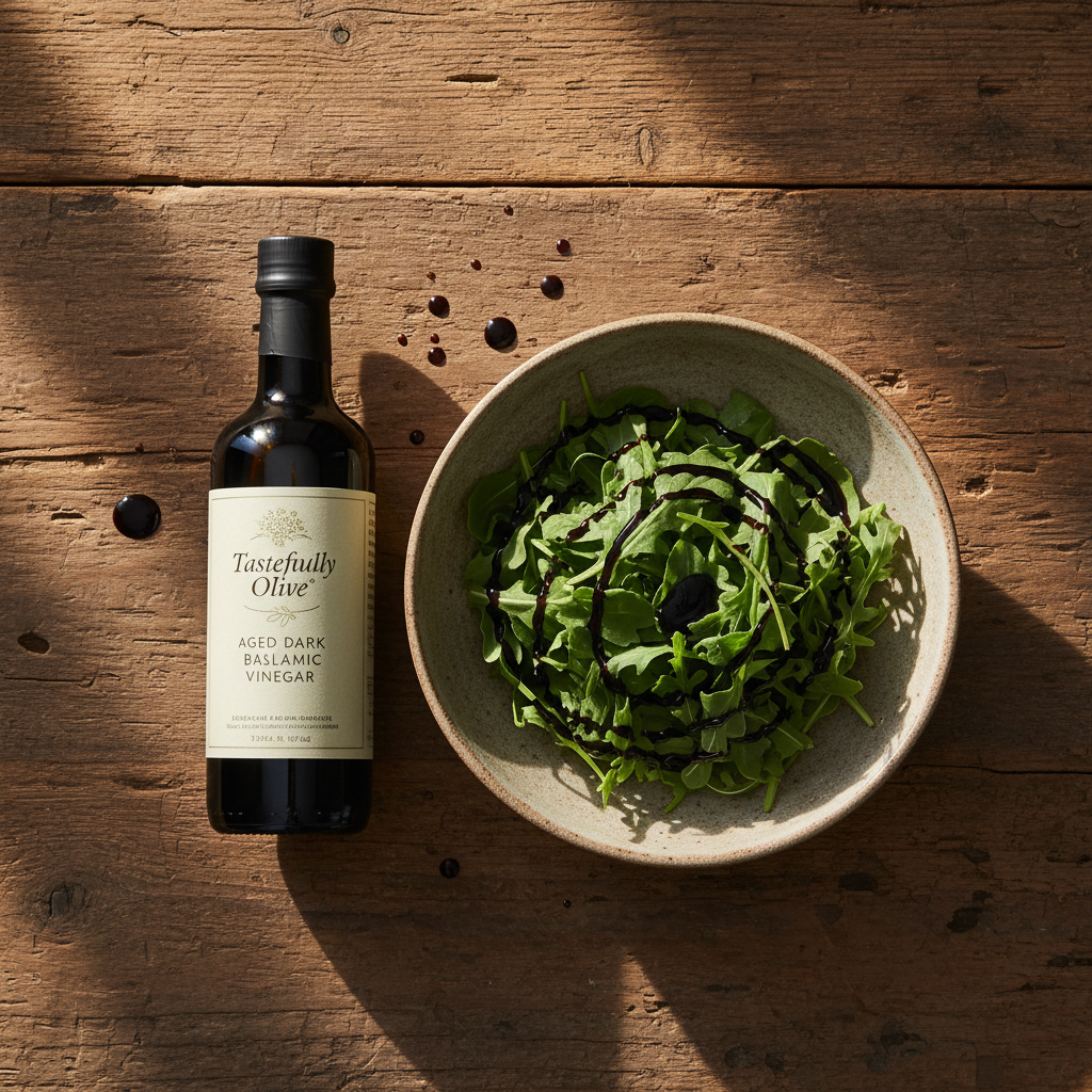 Overhead view of balsamic vinegar bottle, arugula salad, and drizzle on a wooden table.