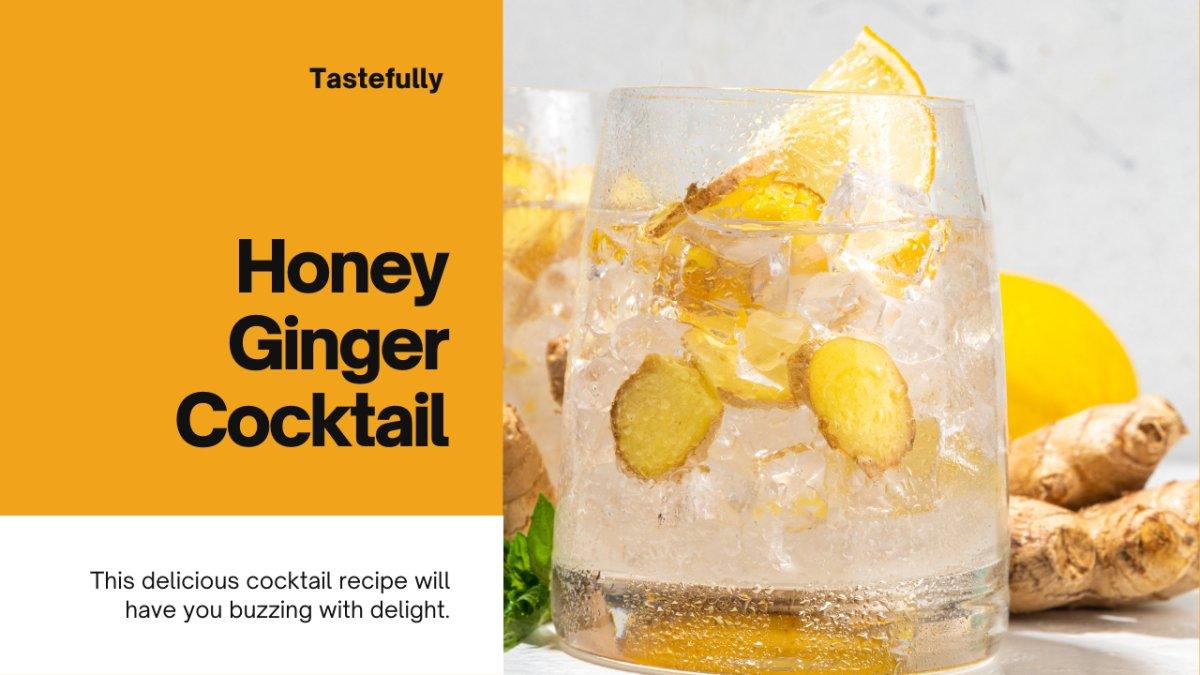 Honey ginger cocktail with lemon slices and ice, garnished with fresh ginger root