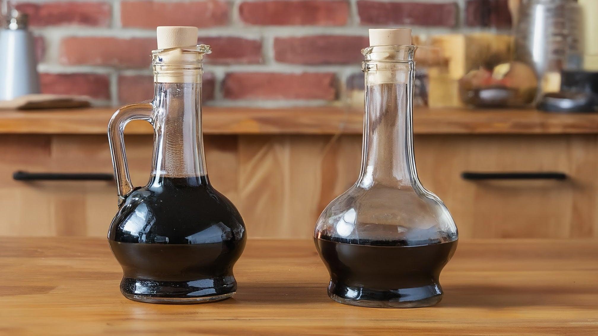 Two glass bottles of dark balsamic vinegar on wooden kitchen counter, rustic brick background