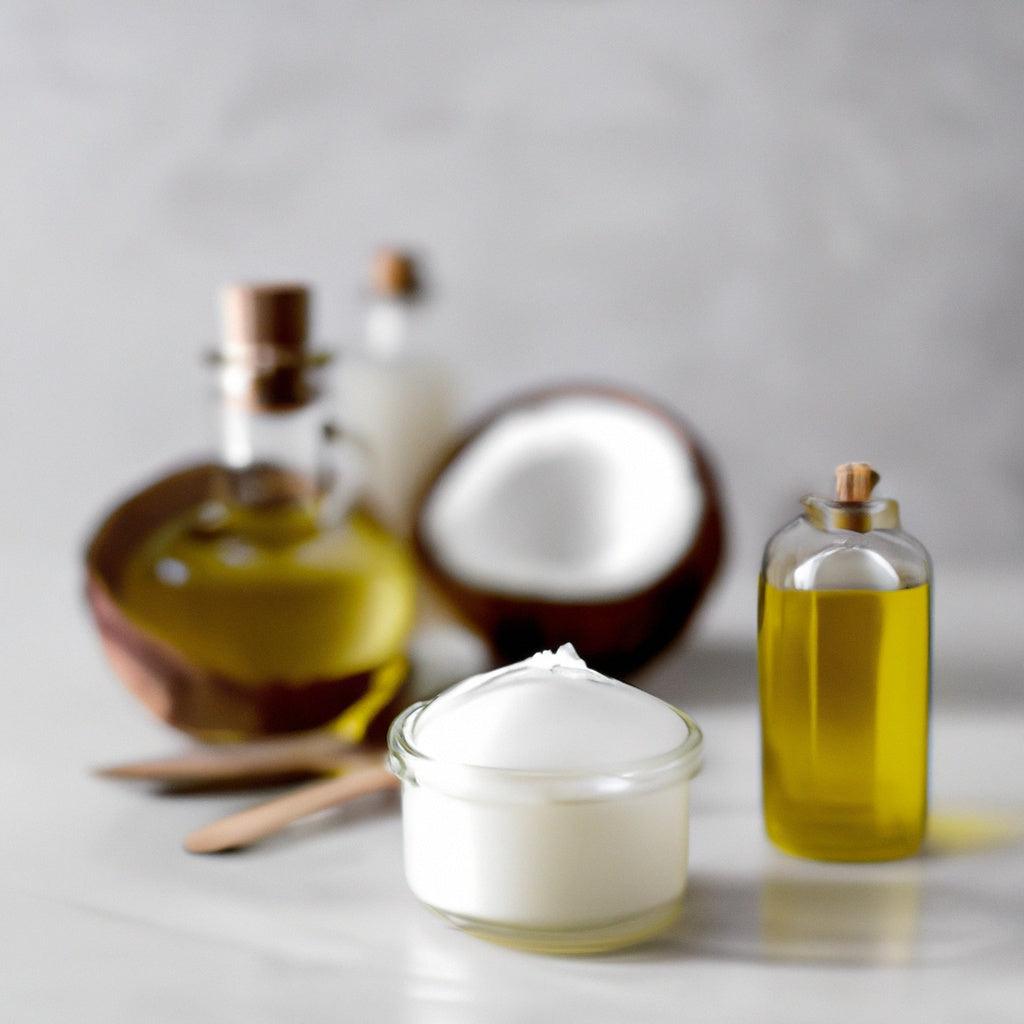 Coconut oil in glass jar with olive oil bottles and fresh coconut half, artisanal kitchen ingredients