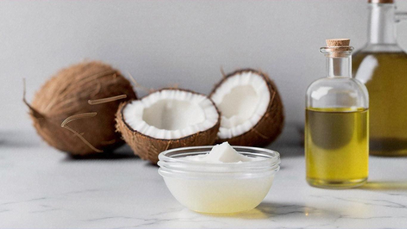 Coconut oil in glass bowl with whole and halved coconuts, olive oil bottle on marble surface