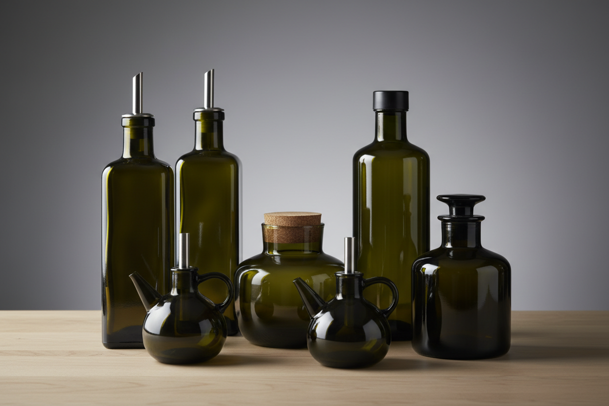 Assorted olive oil and vinegar bottles in dark green glass on wooden surface