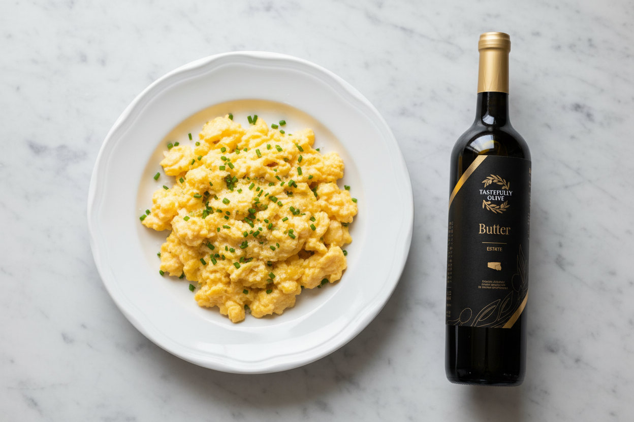Fluffy Scrambled Eggs with Butter Infused Olive Oil Tastefully Olive
