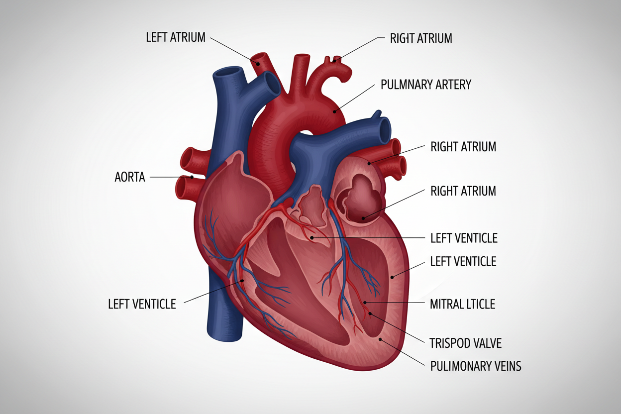 Anatomical diagram of human heart showing labeled chambers, valves, and major blood vessels like aorta and pulmonary artery.