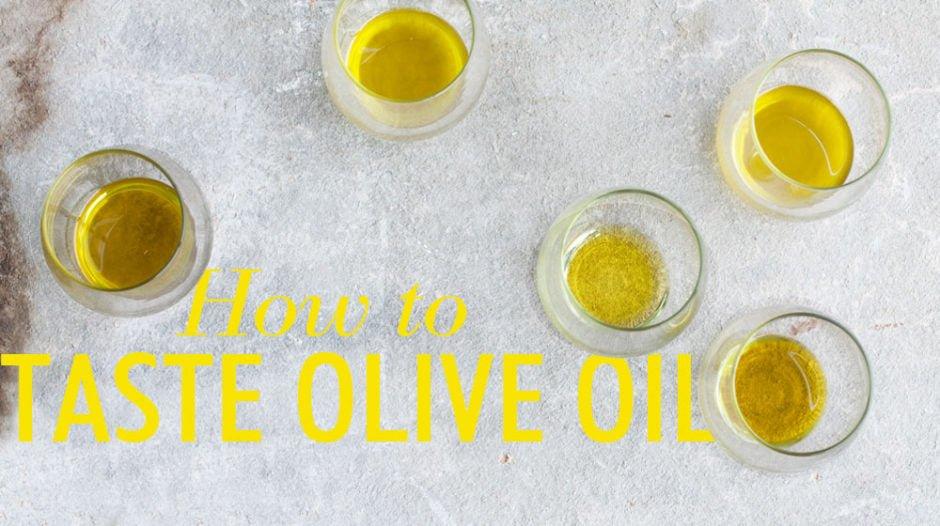 How to taste olive oil with five glass samples on stone surface