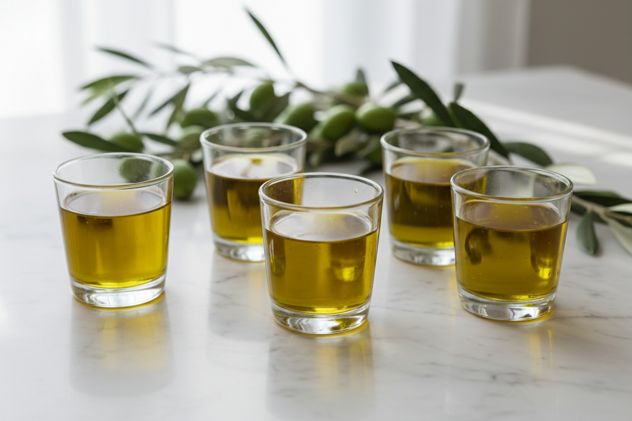 Five glasses of golden olive oil on marble, with fresh olive branches nearby for tasting