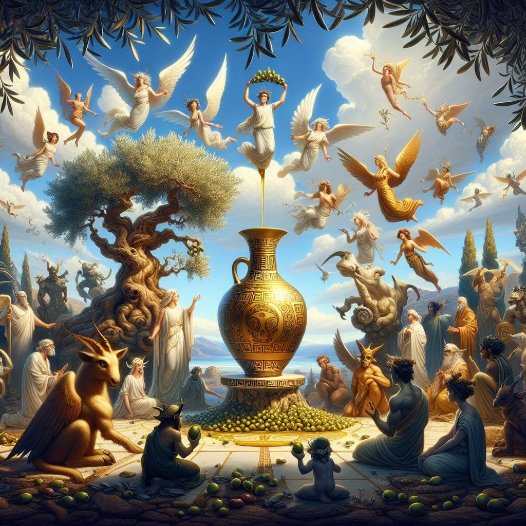 Mythological scene with olive tree, golden vase pouring olive oil, angels, and figures celebrating premium olive harvest