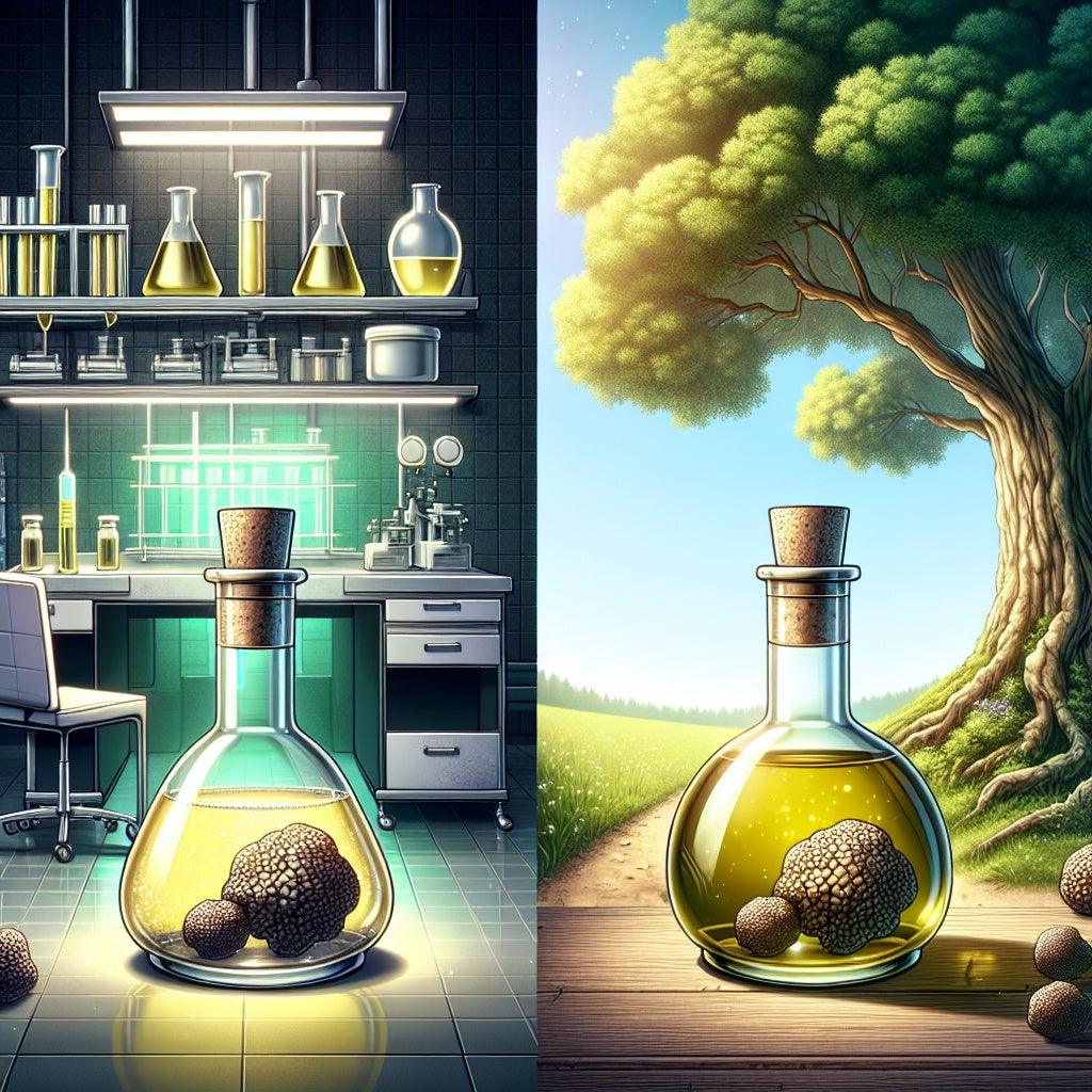 Truffle-infused olive oil in lab and nature settings, showcasing premium artisanal quality