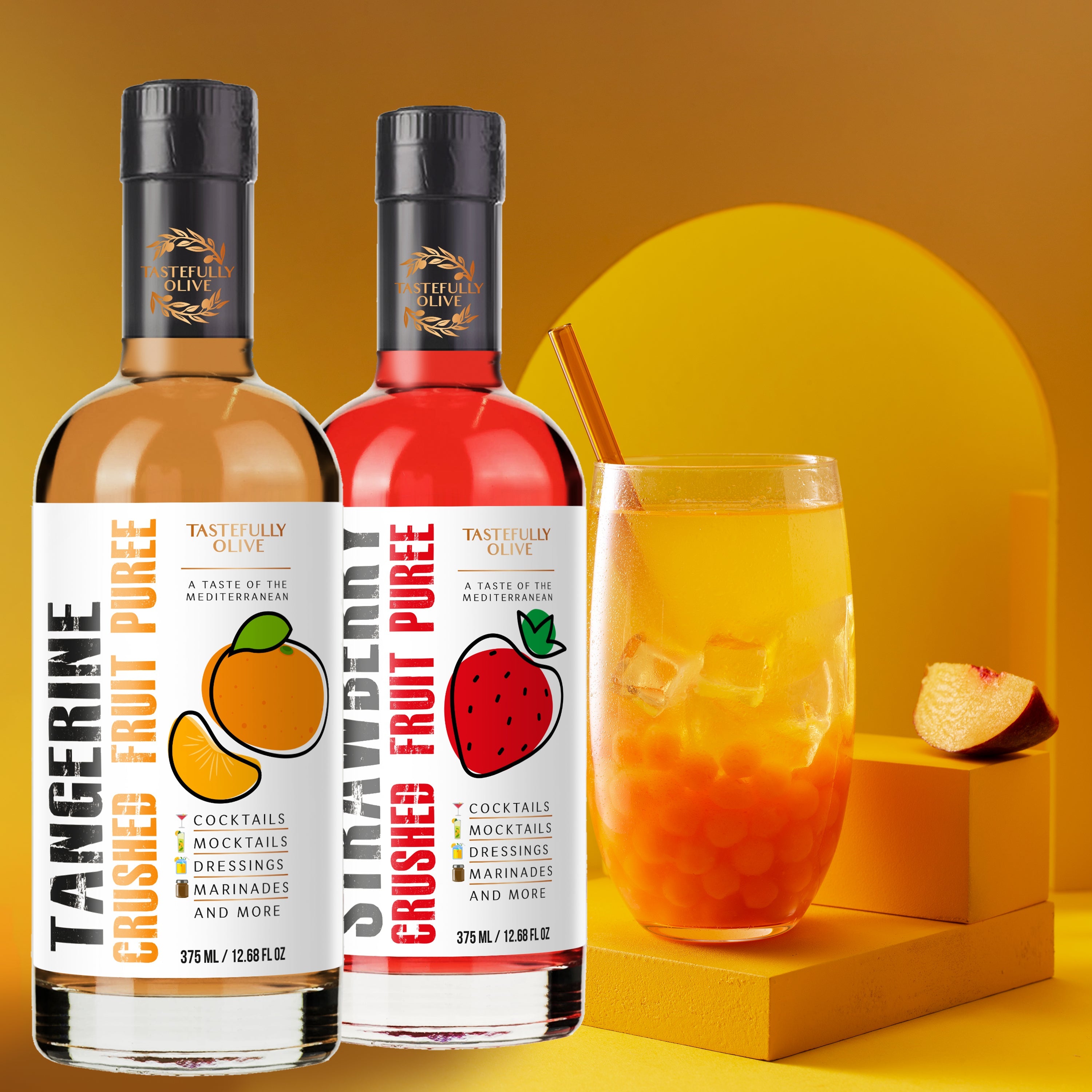 Two bottles of "Tastefully Olive's Crushed Fruit Purees" in Tangerine and Strawberry flavors sit next to a glass of orange-colored beverage with ice and an orange wedge garnish on a yellow background, perfect for premium mixers crafted from organic fruits.