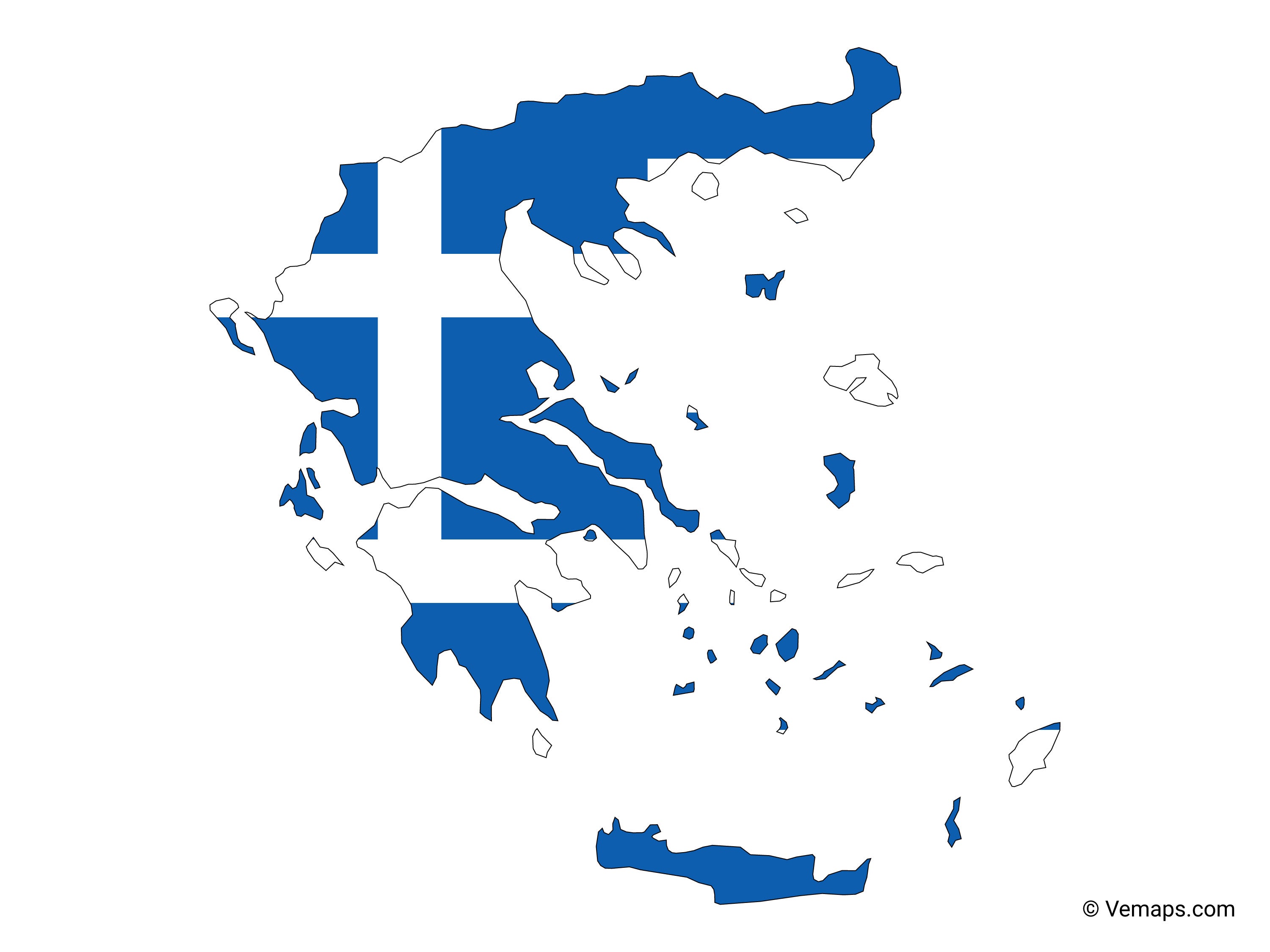 The image depicts a map of Greece filled with the Greek flag's design. The flag features a white cross overlaying a blue background. The background beyond Greece's borders is white. Islands and mainlands are included in the map's outline. A small "© Verlags" watermark is in the bottom right corner.