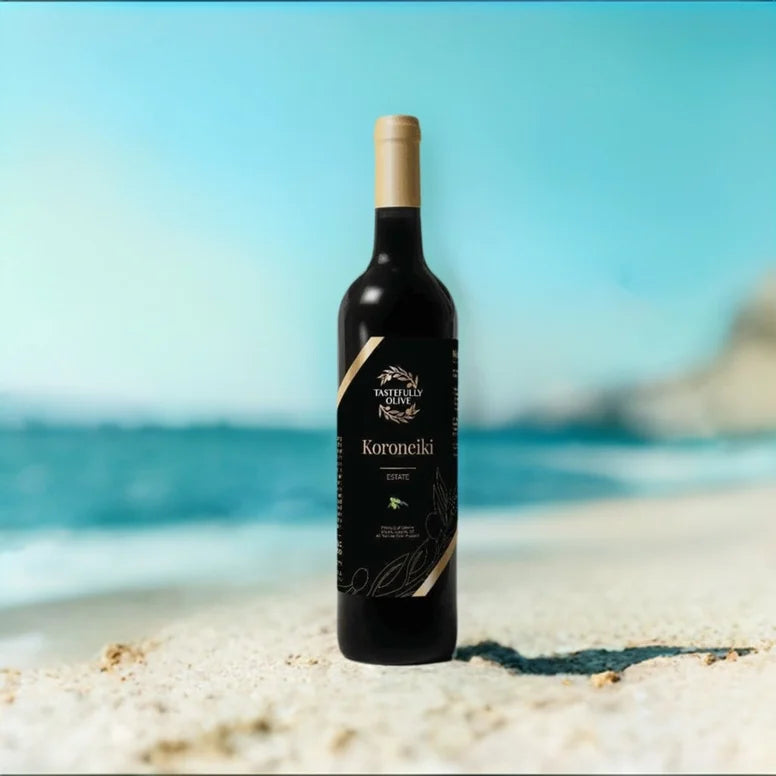 A bottle of Koroneiki red wine stands on a sandy beach with a clear blue sky and ocean in the background, alongside a food-grade container of Tastefully Olive's 2-Liters Olive Oil and Balsamics, capturing the essence of Mediterranean indulgence.