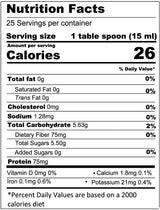 Nutrition Facts label for Tastefully Olive's Crushed Fruit Purees with 25 servings per container, serving size of 1 tablespoon (15 ml), and 26 calories per serving. No fat, cholesterol, or added sugars. Contains 1.28 mg sodium and 75 mg potassium, infused with organic fruits for a wholesome touch.