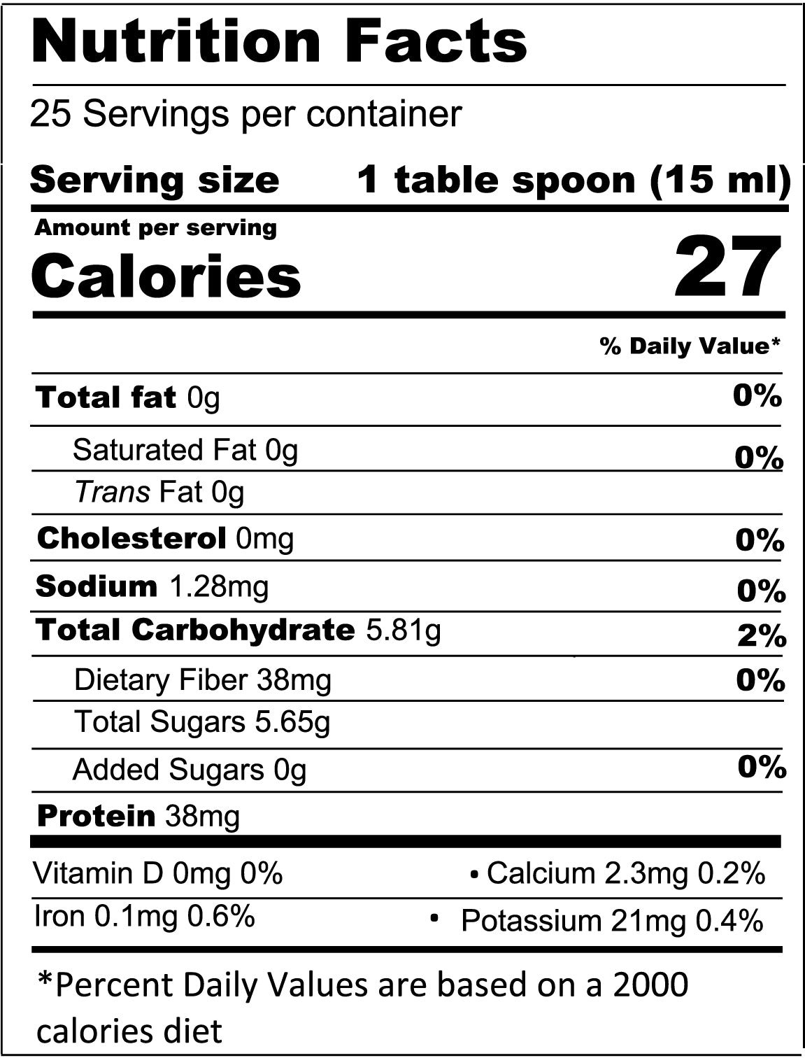 A nutrition facts label for Tastefully Olive's Crushed Fruit Purees reveals that 1 tablespoon (15 ml) contains 27 calories, 0g fat, 0mg cholesterol, 1.28mg sodium, 5.81g total carbohydrates, and 0.6% iron, plus it provides a wholesome dose of 38mg potassium. Made with organic fruits for the best quality.