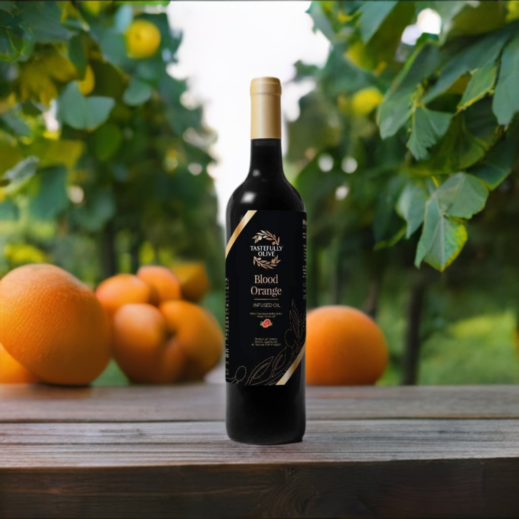 A bottle of Tastefully Olive's Blood Orange Infused Olive Oil sits on a wooden table surrounded by fresh oranges, with green foliage in the background, showcasing vibrant citrus infusions.