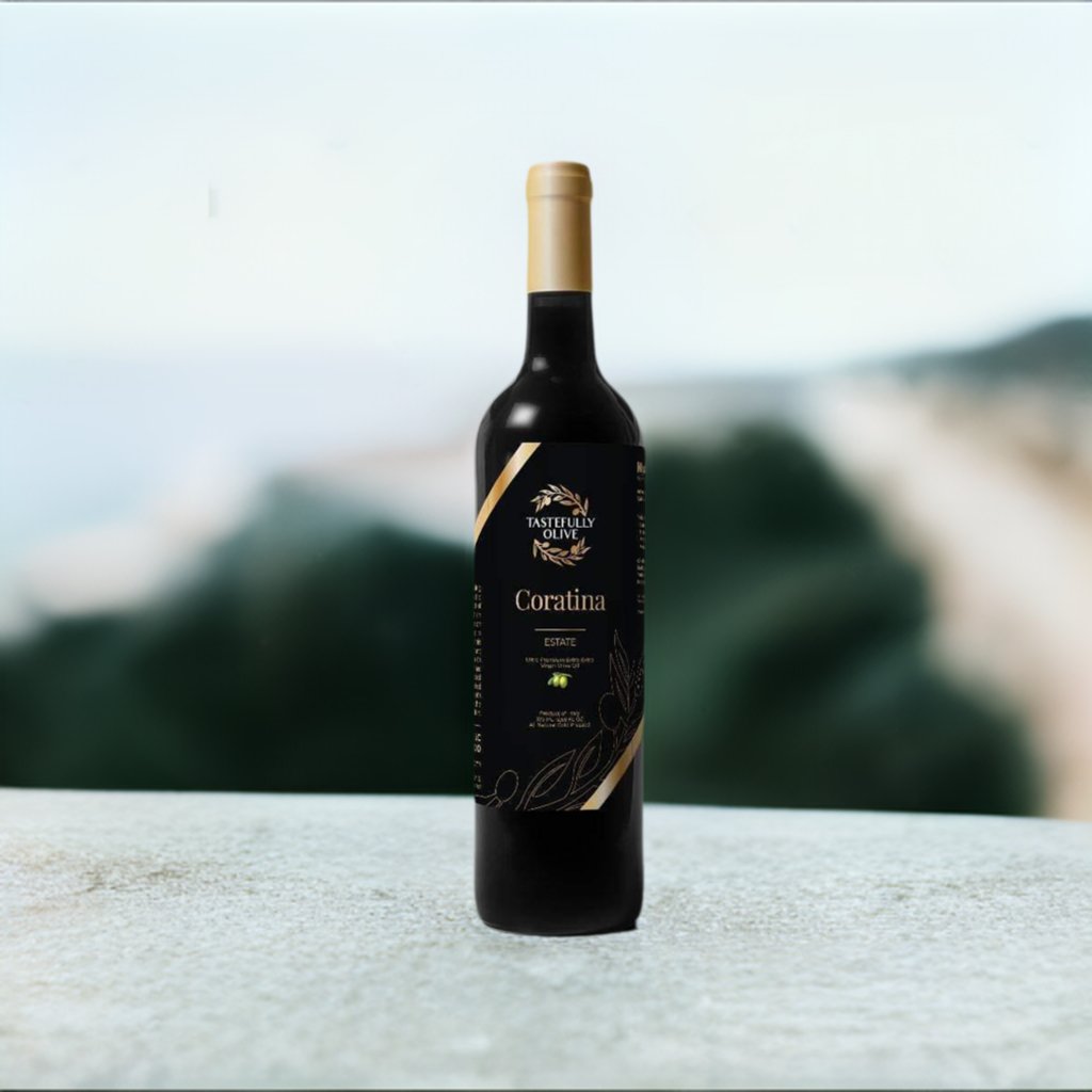 A bottle of Tastefully Olive Coratina Extra Virgin Olive Oil from Puglia, Italy stands on a surface with a blurred outdoor background, showcasing its rich polyphenols and cold-pressed quality.