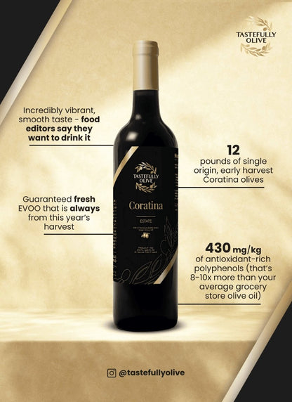 A bottle of Tastefully Olive Coratina from Puglia, Italy, featuring text that highlights its vibrant taste, the freshness of the current harvest, and high levels of polyphenols derived from cold-pressed, single-origin early harvest olives.