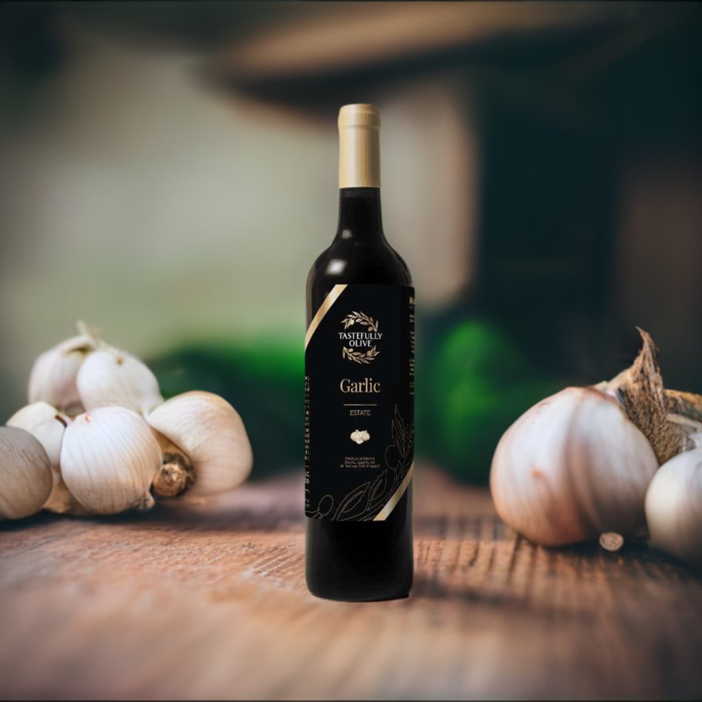 A bottle of "Tastefully Olive Garlic Infused Olive Oil" standing on a wooden table, surrounded by garlic bulbs, sits alongside a small dish perfect for bread dipping.