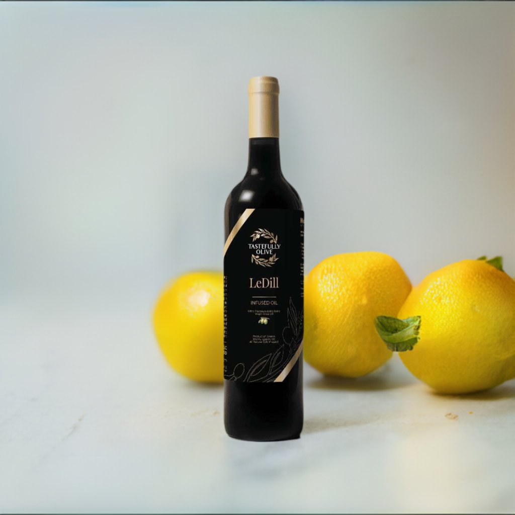 A bottle of Tastefully Olive Lemon Dill Infused Olive Oil stands upright next to three lemons on a white surface, showcasing its vibrant citrus flavoring.