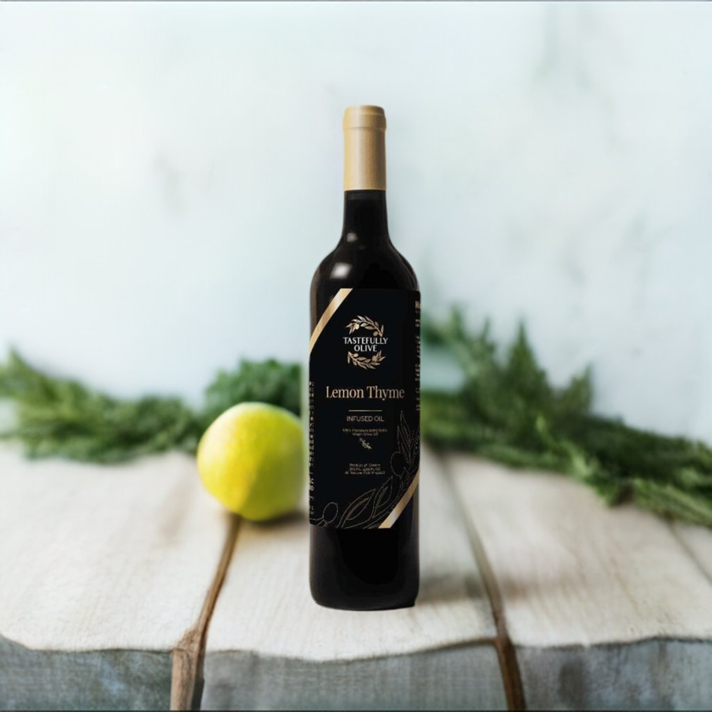 A bottle of "Tastefully Olive Lemon Thyme Infused Olive Oil" stands on a light-colored surface, with a lemon and sprigs of thyme in the background, promising an extra virgin, flavorful boost to your dishes.